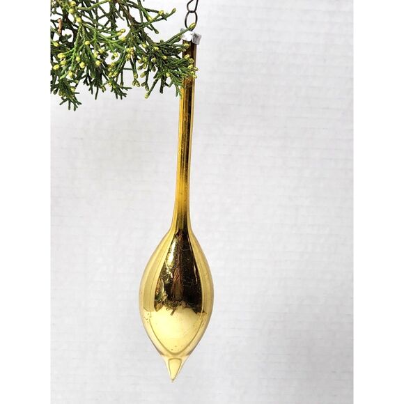 Vintage Elongated Teardrop Blown Glass Christmas Ornament Gold Mercury - Picture 1 of 6